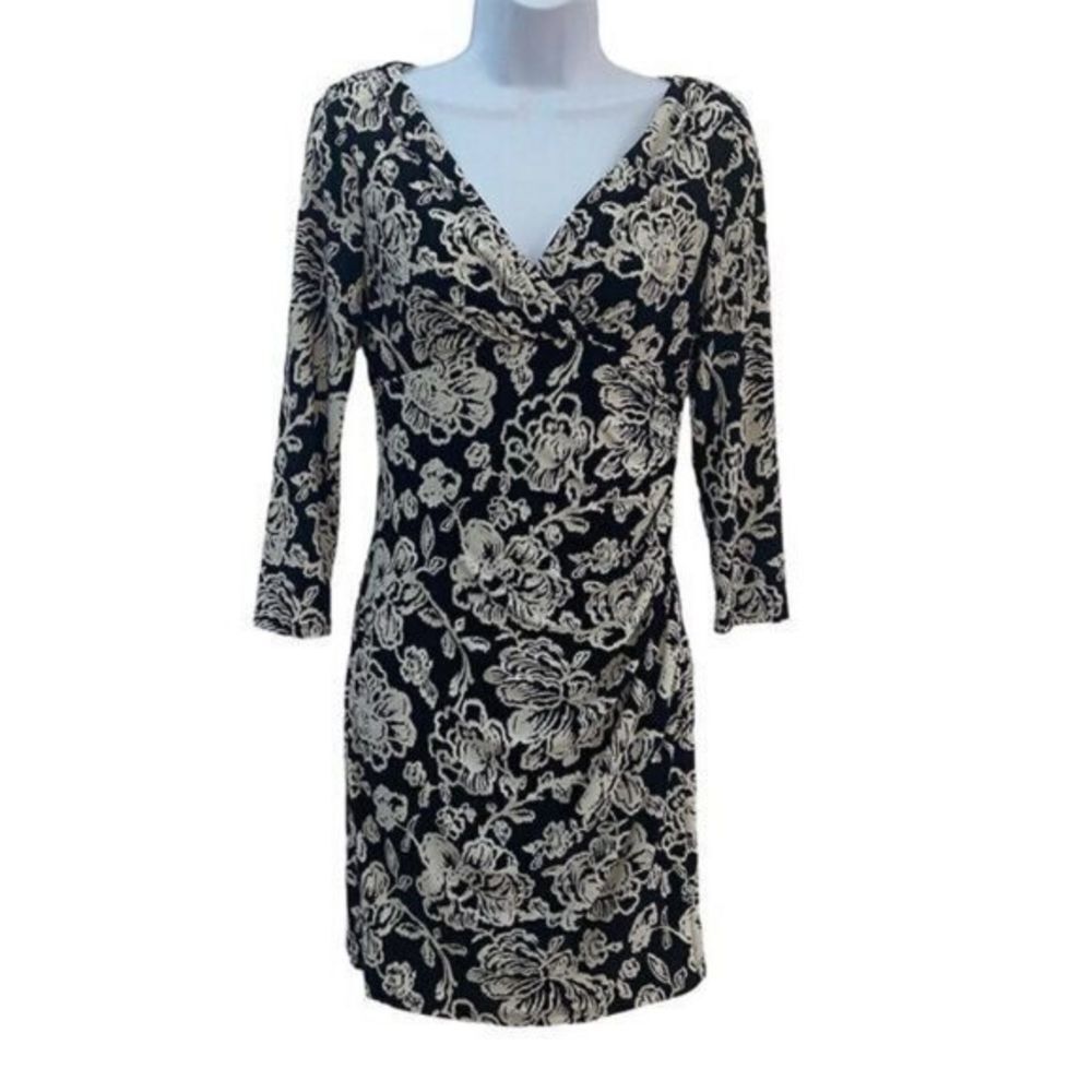 Lauren Ralph Lauren Womens Faux Wrap Dress Size 2 Black‎ White Floral Ruched